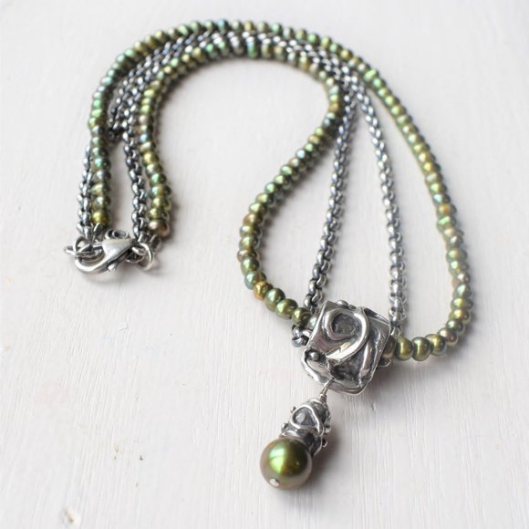 Boho Sage Pearl Necklace 2 Strand Sterling Silver - Picture 3 of 8